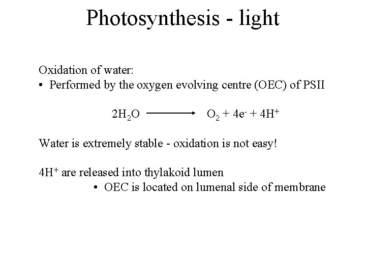 Photosynthesis - light Oxidation of water: • Performed by the oxygen evolving centre (OEC)