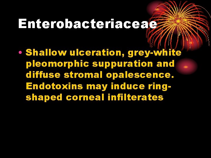 Enterobacteriaceae • Shallow ulceration, grey-white pleomorphic suppuration and diffuse stromal opalescence. Endotoxins may induce