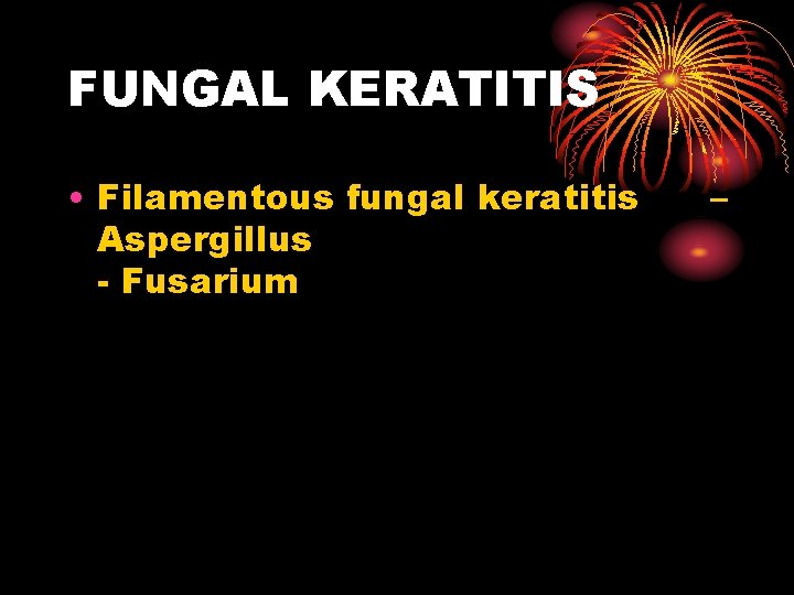 FUNGAL KERATITIS • Filamentous fungal keratitis Aspergillus - Fusarium – 