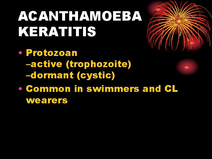 ACANTHAMOEBA KERATITIS • Protozoan –active (trophozoite) –dormant (cystic) • Common in swimmers and CL