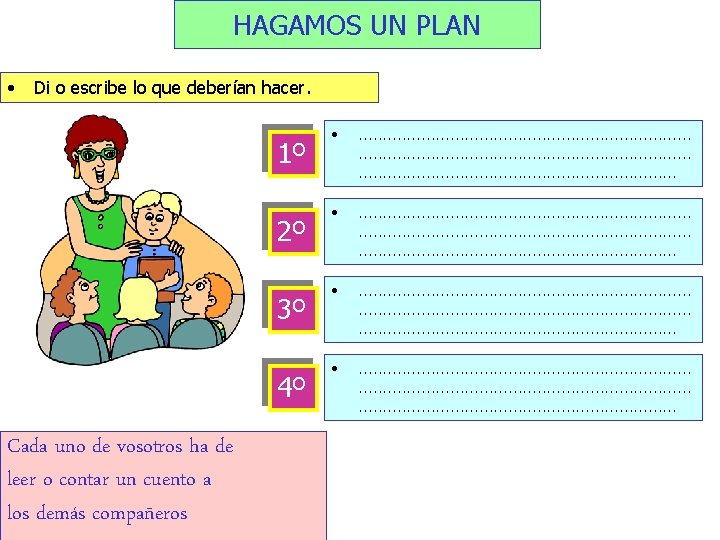 HAGAMOS UN PLAN • Di o escribe lo que deberían hacer. 1º 2º 3º