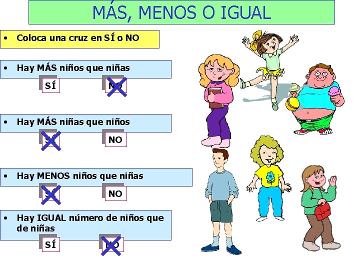 MÁS, MENOS O IGUAL • Coloca una cruz en SÍ o NO • Hay