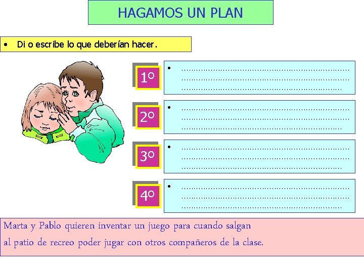 HAGAMOS UN PLAN • Di o escribe lo que deberían hacer. 1º 2º 3º