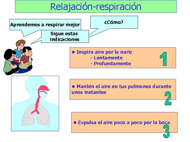 Relajación-respiración Aprendemos a respirar mejor ¿Cómo? Sigue estas indicaciones l Inspira aire por la