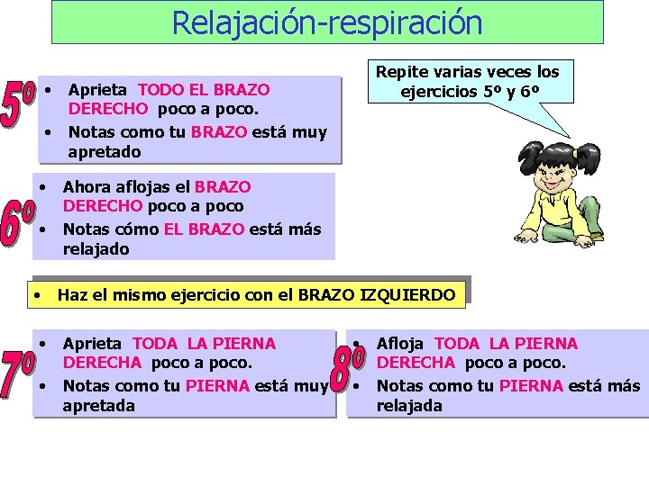 Relajación-respiración • • Repite varias veces los ejercicios 5º y 6º Aprieta TODO EL