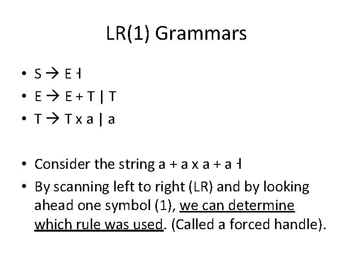 LR(1) Grammars • S E˧ • E E+T|T • T Txa|a • Consider the LR(1) Grammars • S E˧ • E E+T|T • T Txa|a • Consider the