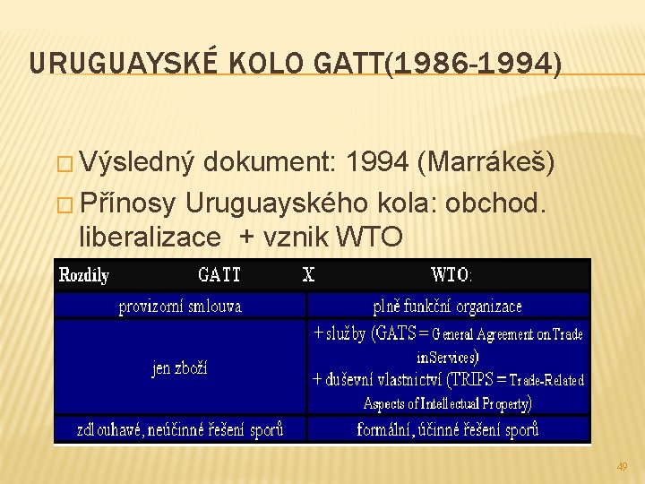 URUGUAYSKÉ KOLO GATT(1986 -1994) � Výsledný dokument: 1994 (Marrákeš) � Přínosy Uruguayského kola: obchod.