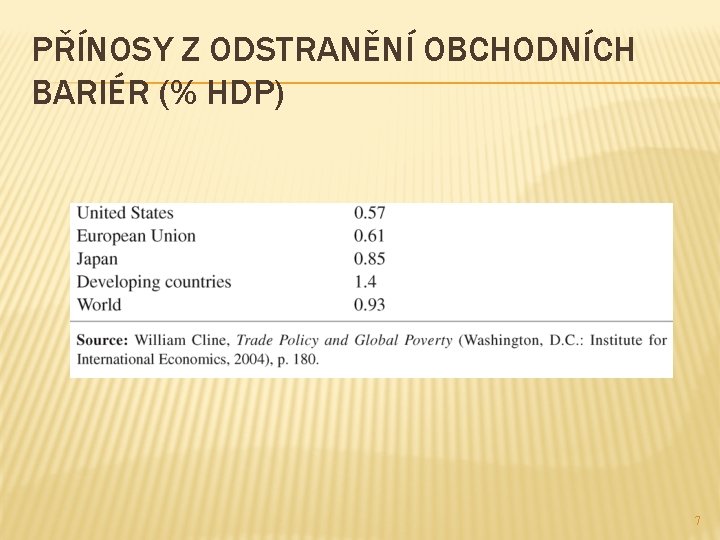 PŘÍNOSY Z ODSTRANĚNÍ OBCHODNÍCH BARIÉR (% HDP) 7 