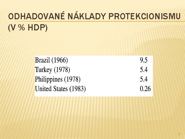 ODHADOVANÉ NÁKLADY PROTEKCIONISMU (V % HDP) 8 