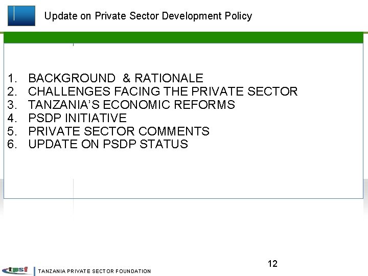 Update on Private Sector Development Policy 1. 2. 3. 4. 5. 6. BACKGROUND &