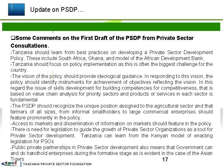 Update on PSDP… q. Some Comments on the First Draft of the PSDP from