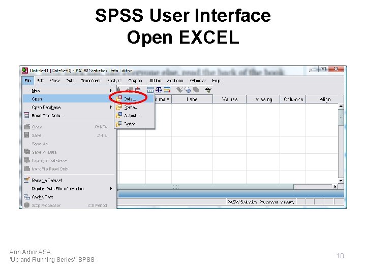 SPSS User Interface Open EXCEL Ann Arbor ASA 'Up and Running Series': SPSS 10