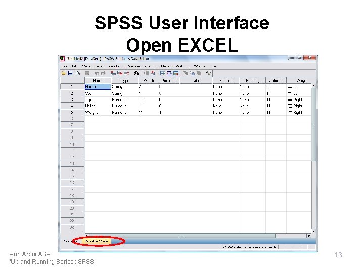 SPSS User Interface Open EXCEL Ann Arbor ASA 'Up and Running Series': SPSS 13