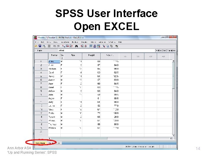 SPSS User Interface Open EXCEL Ann Arbor ASA 'Up and Running Series': SPSS 14