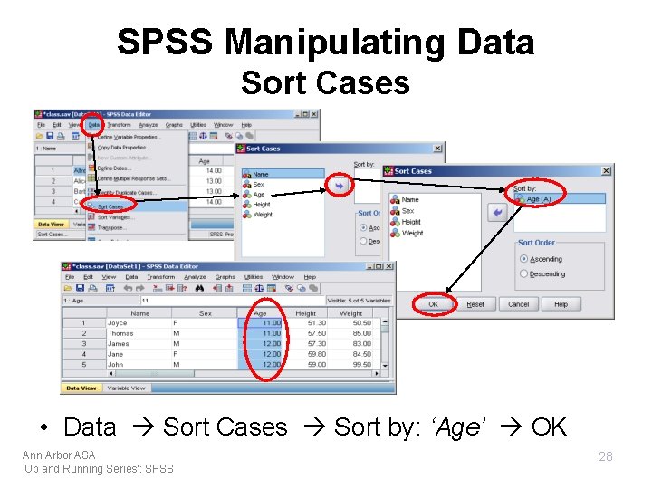 SPSS Manipulating Data Sort Cases • Data Sort Cases Sort by: ‘Age’ OK Ann