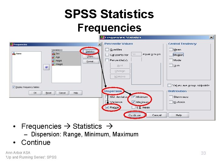SPSS Statistics Frequencies • Frequencies Statistics – Dispersion: Range, Minimum, Maximum • Continue Ann