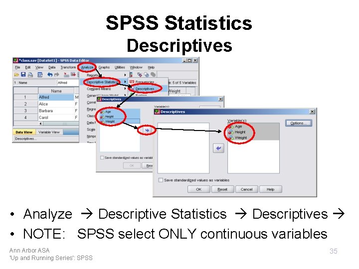 SPSS Statistics Descriptives • Analyze Descriptive Statistics Descriptives • NOTE: SPSS select ONLY continuous