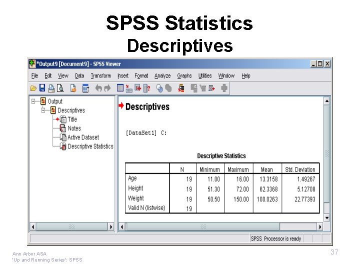 SPSS Statistics Descriptives Ann Arbor ASA 'Up and Running Series': SPSS 37 