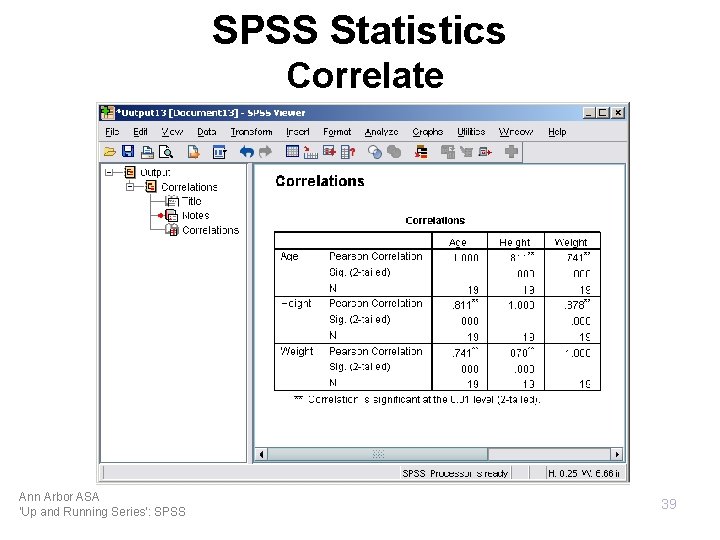 SPSS Statistics Correlate Ann Arbor ASA 'Up and Running Series': SPSS 39 