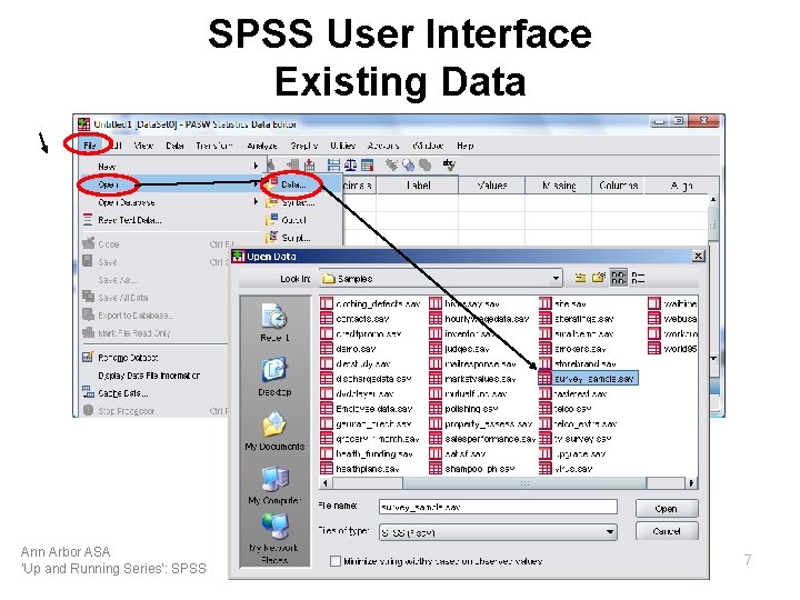 SPSS User Interface Existing Data Ann Arbor ASA 'Up and Running Series': SPSS 7