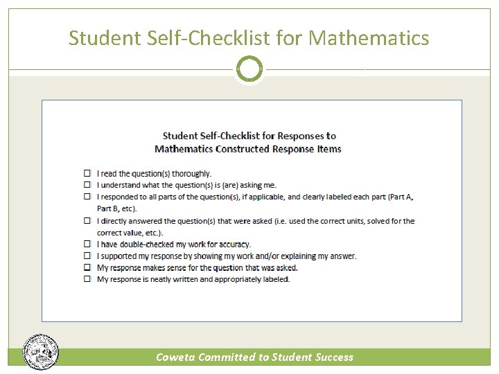 Student Self-Checklist for Mathematics Coweta Committed to Student Success 