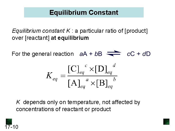 Equilibrium Constant Equilibrium constant K : a particular ratio of [product] over [reactant] at