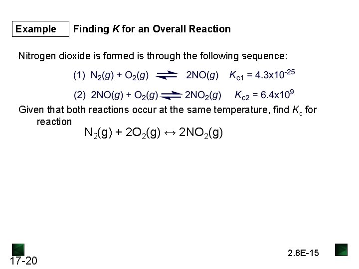 Example Finding K for an Overall Reaction Nitrogen dioxide is formed is through the