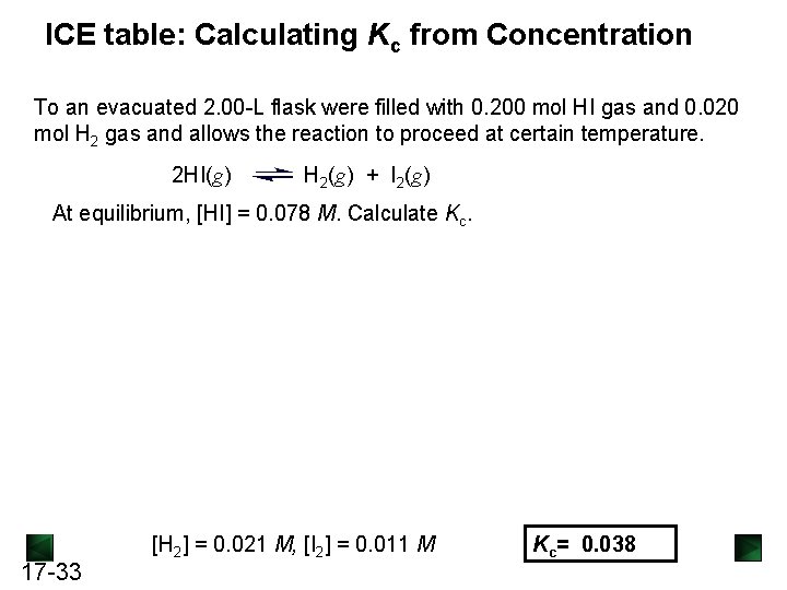 ICE table: Calculating Kc from Concentration To an evacuated 2. 00 -L flask were