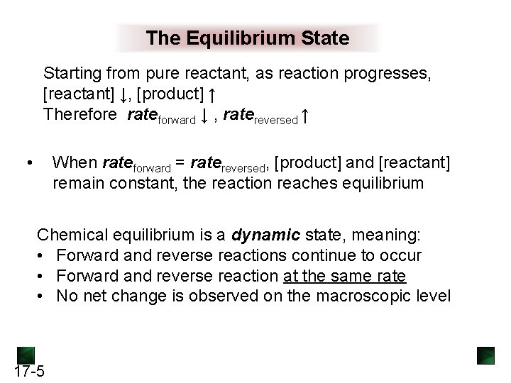 The Equilibrium State Starting from pure reactant, as reaction progresses, [reactant] ↓, [product] ↑