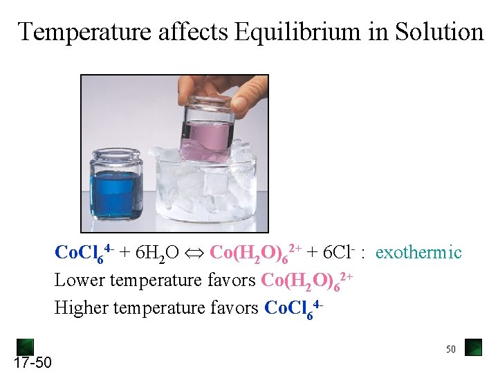 Temperature affects Equilibrium in Solution Co. Cl 64 - + 6 H 2 O Temperature affects Equilibrium in Solution Co. Cl 64 - + 6 H 2 O