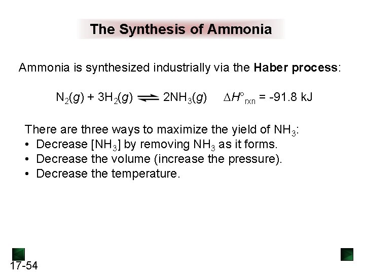 The Synthesis of Ammonia is synthesized industrially via the Haber process: N 2(g) +