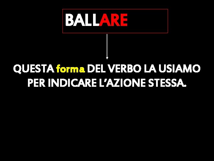 BALLARE QUESTA forma DEL VERBO LA USIAMO PER INDICARE L’AZIONE STESSA. 