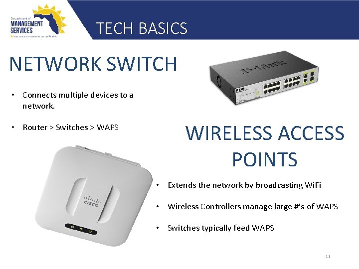 TECH BASICS NETWORK SWITCH • Connects multiple devices to a network. • Router >