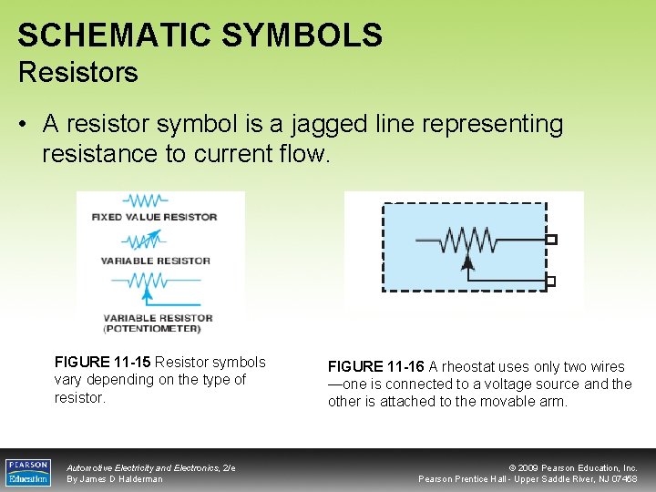 SCHEMATIC SYMBOLS Resistors • A resistor symbol is a jagged line representing resistance to