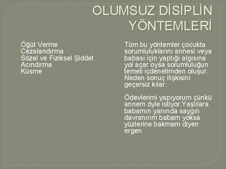 OLUMSUZ DİSİPLİN YÖNTEMLERİ � � � Öğüt Verme Cezalandırma Sözel ve Fiziksel Şiddet Acındırma