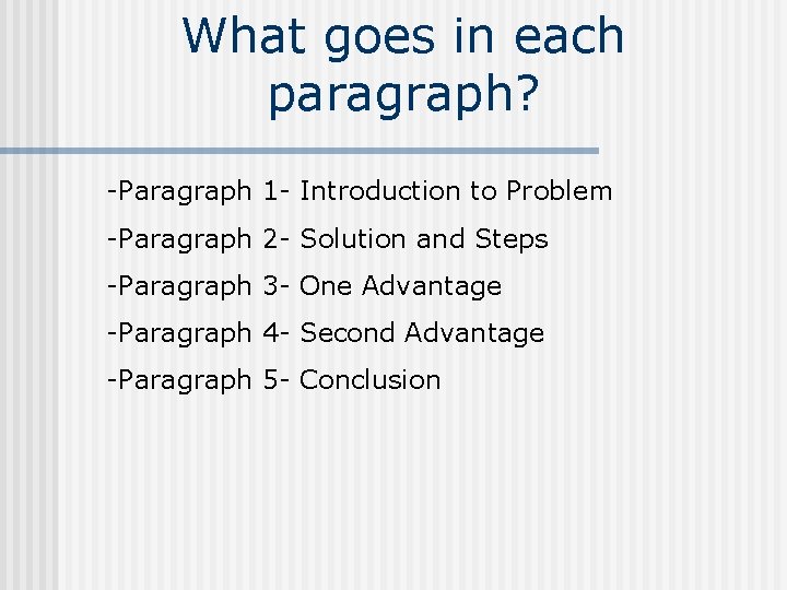 What goes in each paragraph? -Paragraph 1 - Introduction to Problem -Paragraph 2 -