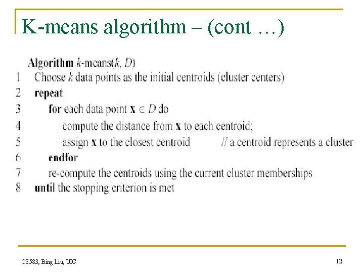 K-means algorithm – (cont …) CS 583, Bing Liu, UIC 12 