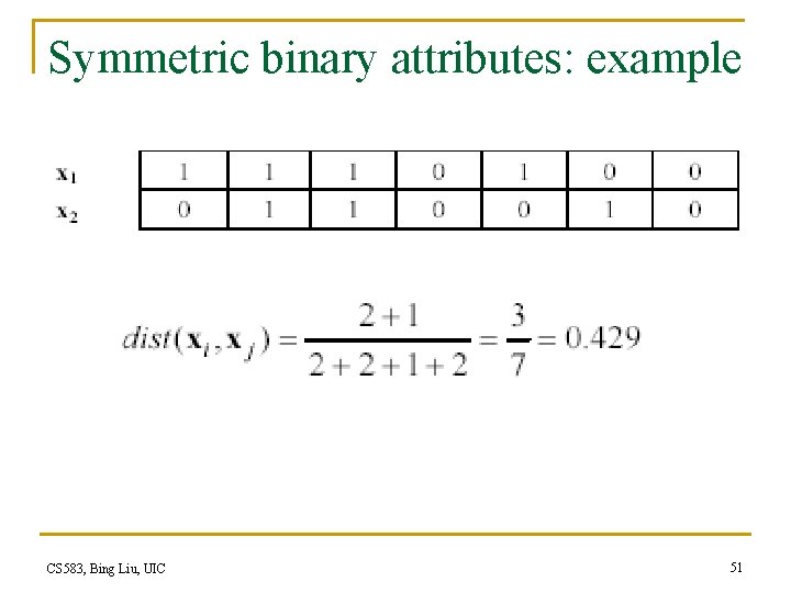 Symmetric binary attributes: example CS 583, Bing Liu, UIC 51 