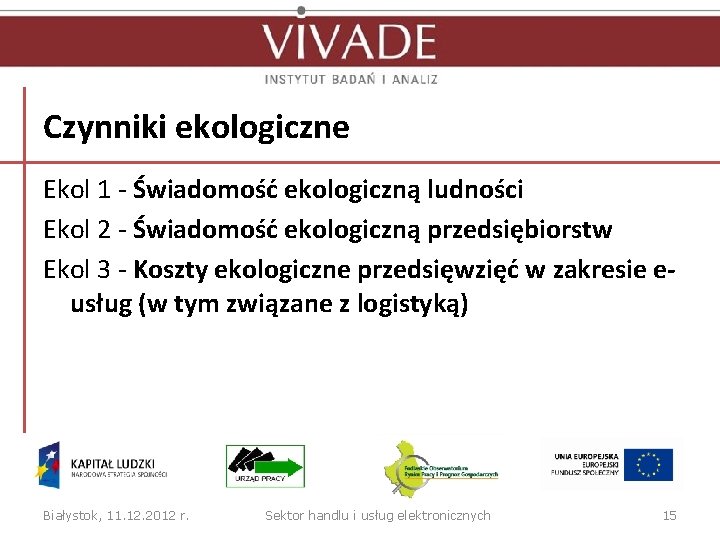 Czynniki ekologiczne Ekol 1 - Świadomość ekologiczną ludności Ekol 2 - Świadomość ekologiczną przedsiębiorstw