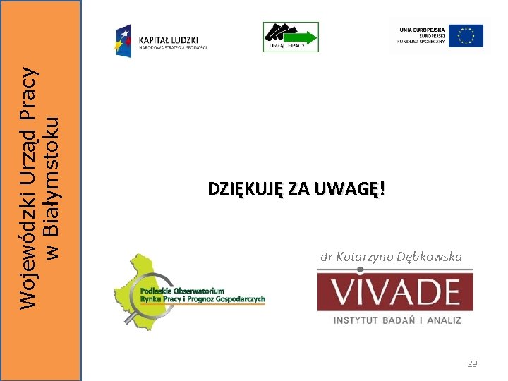 Wojewódzki Urząd Pracy w Białymstoku DZIĘKUJĘ ZA UWAGĘ! dr Katarzyna Dębkowska 29 