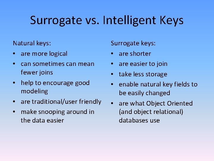 Surrogate vs. Intelligent Keys Natural keys: • are more logical • can sometimes can Surrogate vs. Intelligent Keys Natural keys: • are more logical • can sometimes can