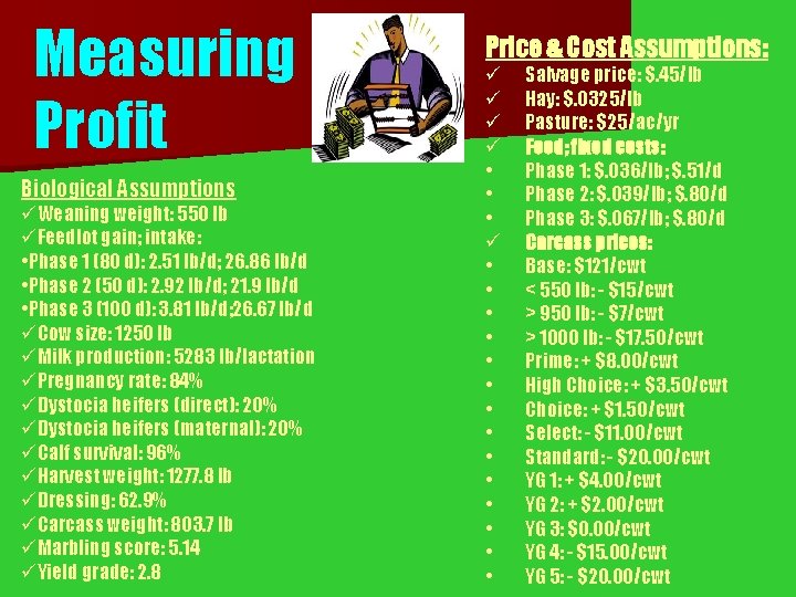 Measuring Profit Biological Assumptions üWeaning weight: 550 lb üFeedlot gain; intake: • Phase 1