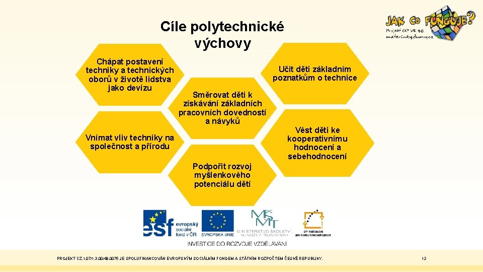 Cíle polytechnické výchovy Chápat postavení techniky a technických oborů v životě lidstva jako devízu