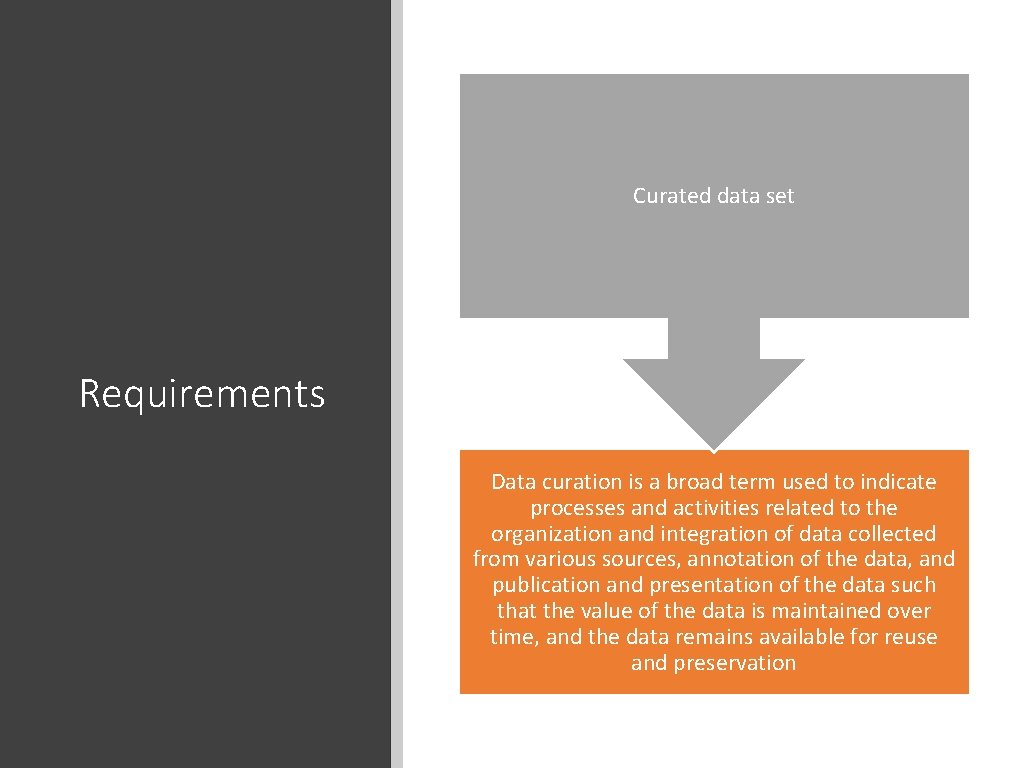 Curated data set Requirements Data curation is a broad term used to indicate processes