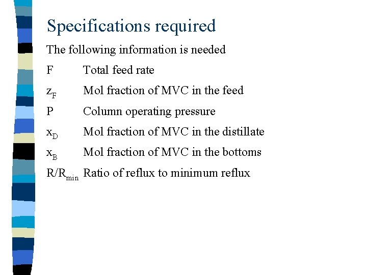 Specifications required The following information is needed F Total feed rate z. F Mol