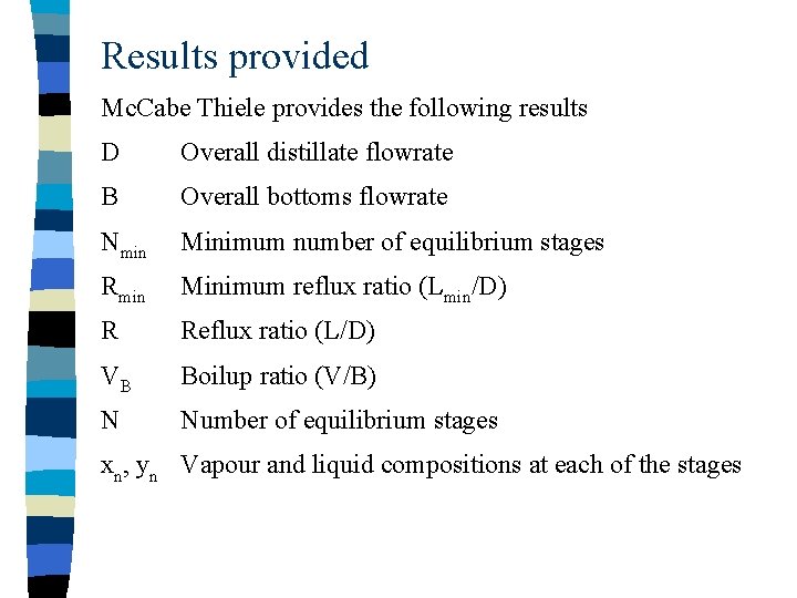 Results provided Mc. Cabe Thiele provides the following results D Overall distillate flowrate B