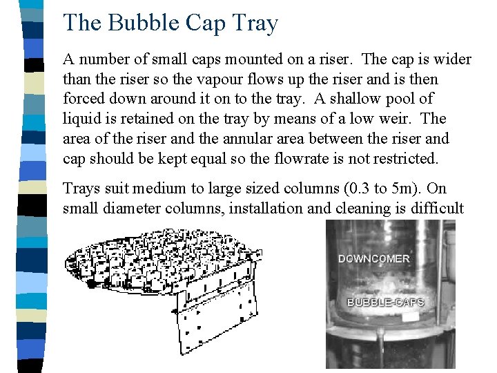 The Bubble Cap Tray A number of small caps mounted on a riser. The