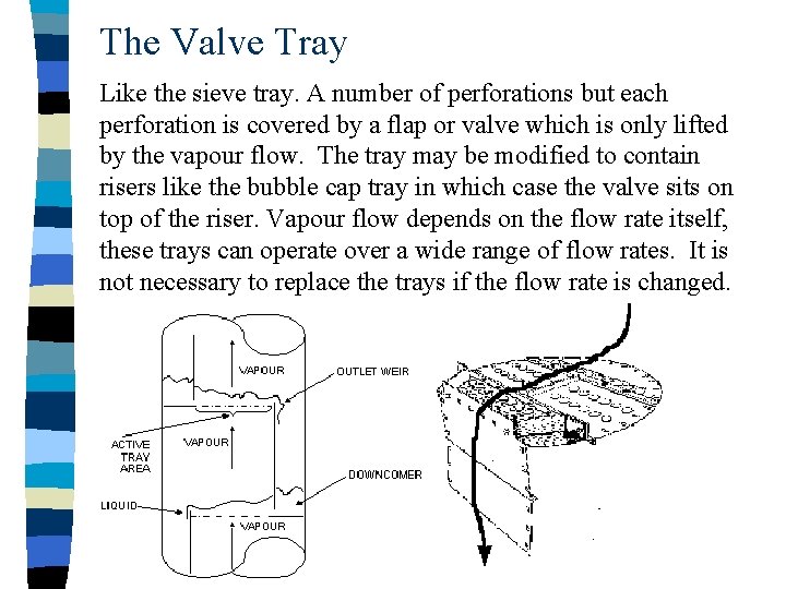 The Valve Tray Like the sieve tray. A number of perforations but each perforation