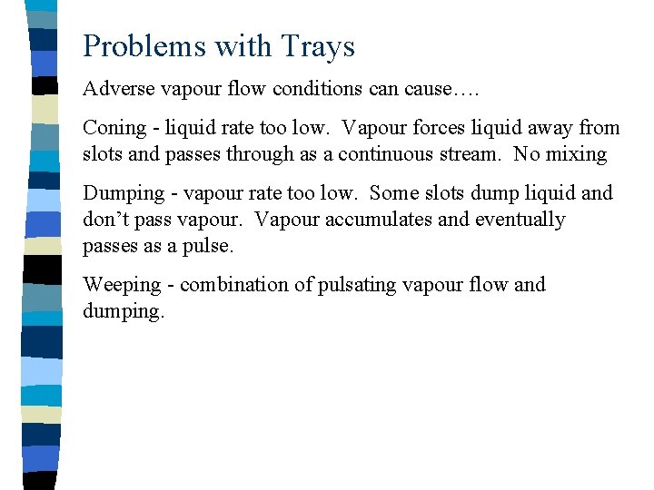 Problems with Trays Adverse vapour flow conditions can cause…. Coning - liquid rate too