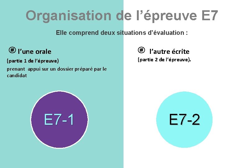 Organisation de l’épreuve E 7 Elle comprend deux situations d’évaluation : l’une orale (partie